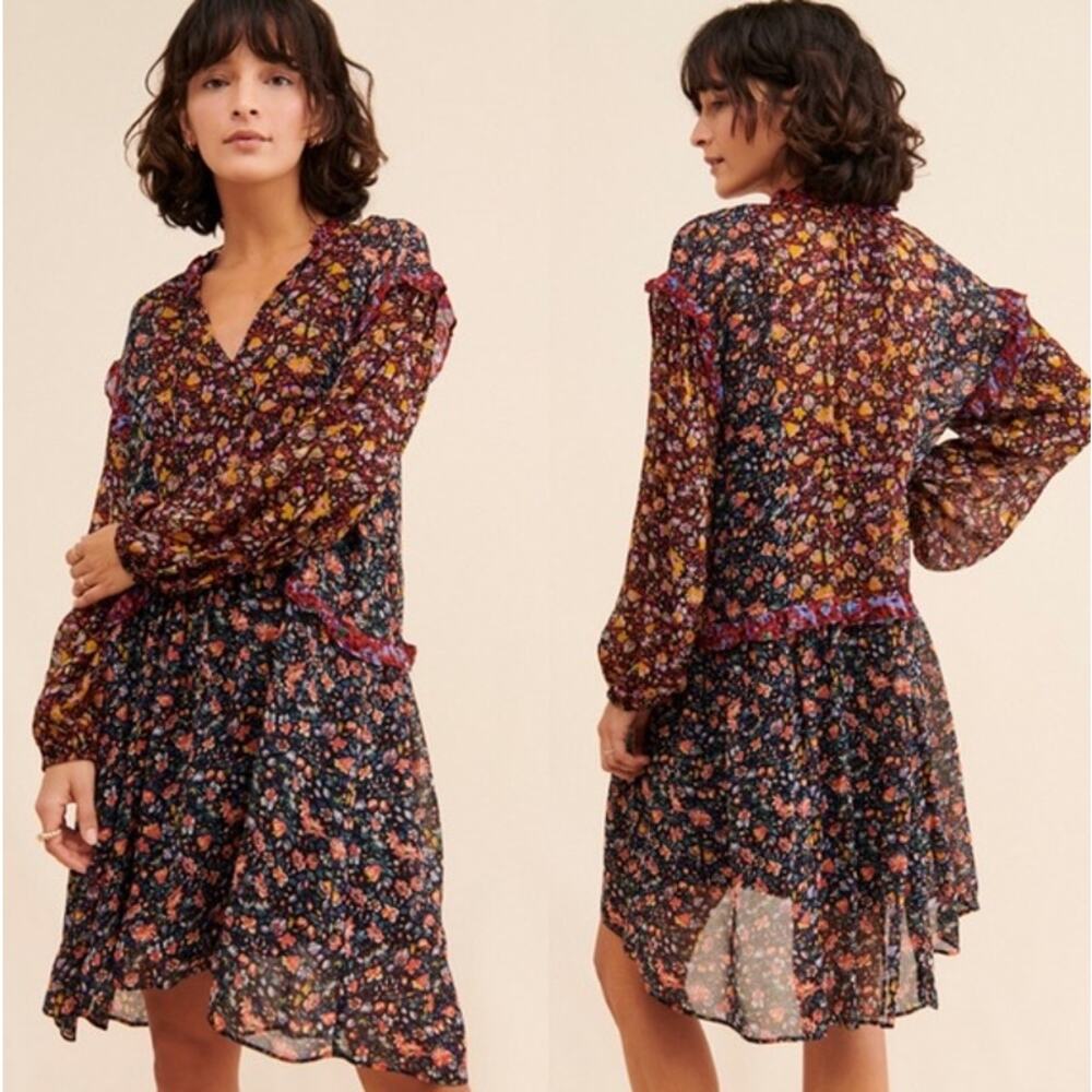 Anthropologie Helene Tunic Dress Floral Ruffle Trim Balloon Sleeve Mini Boho